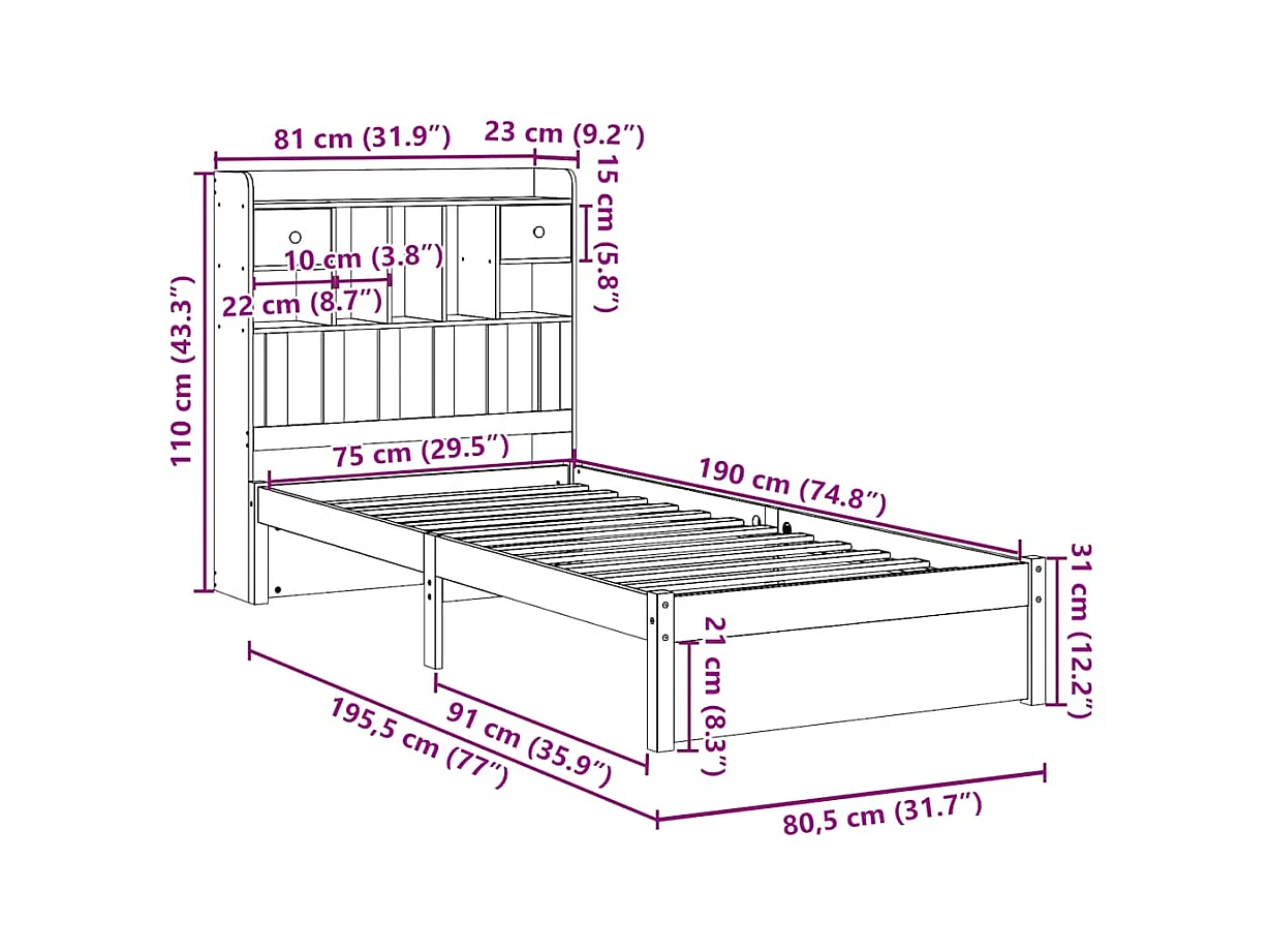 Lit bibliothèque sans matelas 75x190 cm bois de pin massif