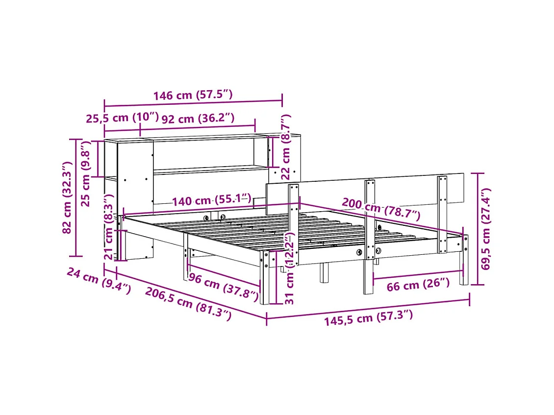 Lit bibliothèque sans matelas 140x200 cm bois massif de pin