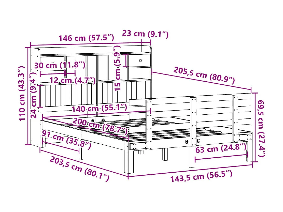 Lit bibliothèque sans matelas blanc 140x200 cm bois pin massif