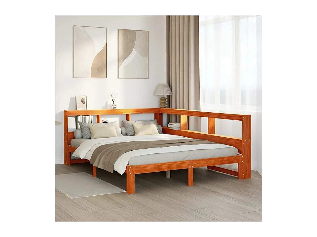 Lit bibliothèque sans matelas cire marron 140x190 cm pin massif