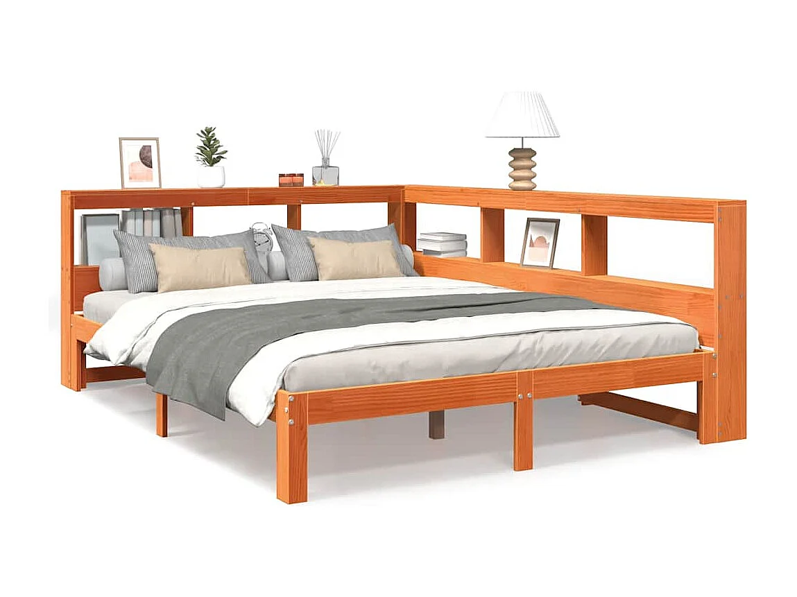 Lit bibliothèque sans matelas cire marron 140x190 cm pin massif