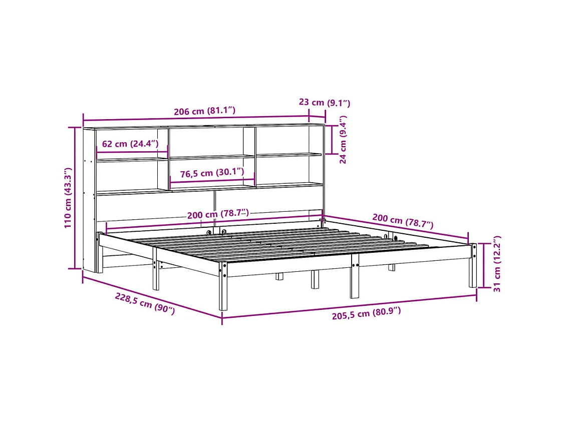 Lit bibliothèque sans matelas blanc 200x200 cm bois pin massif