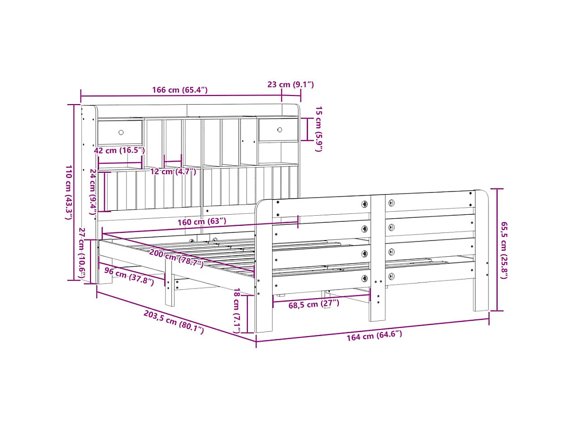 Lit bibliothèque sans matelas blanc 160x200 cm bois pin massif