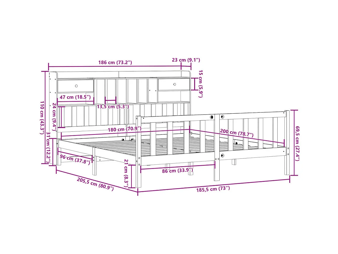 Massivholzbett mit Regal ohne Matratze Wachsbraun 180x200 cm