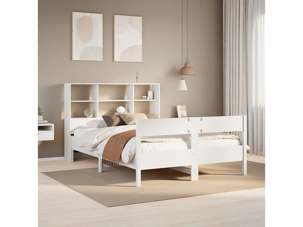 Cama con estantería sin colchón madera maciza blanca 160x200 cm