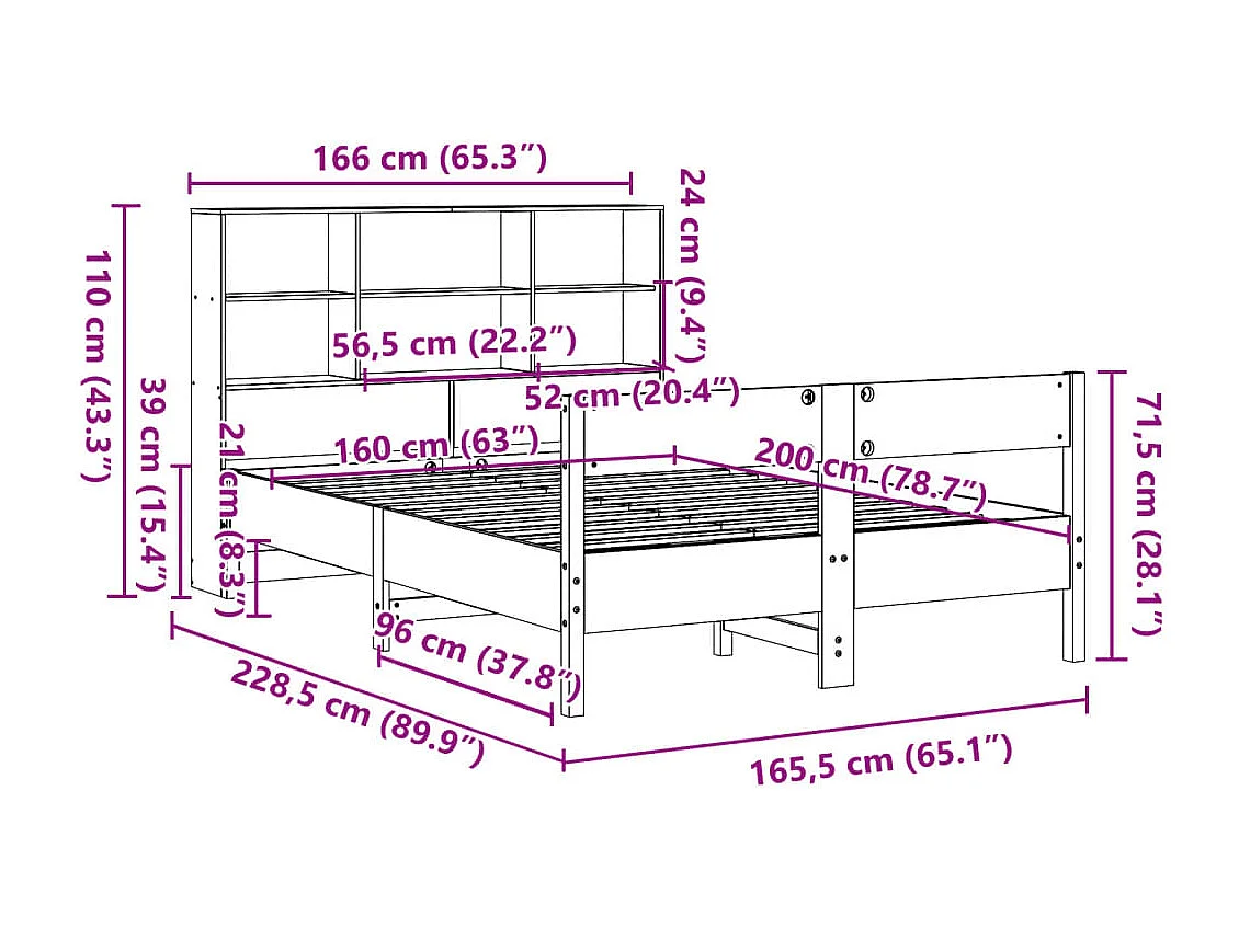 Cama con estantería sin colchón madera maciza blanca 160x200 cm