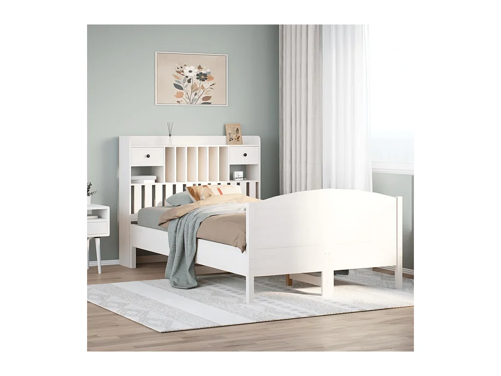 Lit bibliothèque sans matelas blanc 135x190 cm bois pin massif