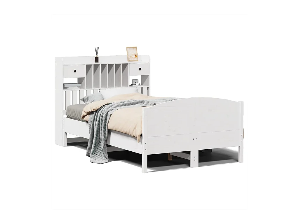 Lit bibliothèque sans matelas blanc 135x190 cm bois pin massif