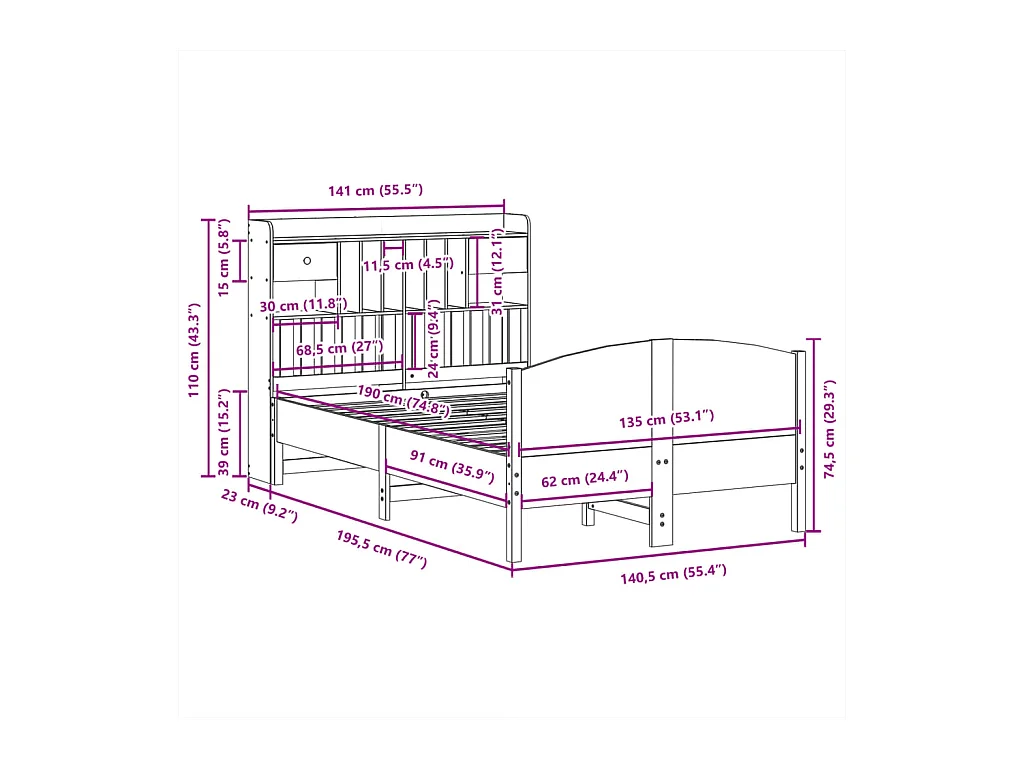 Lit bibliothèque sans matelas blanc 135x190 cm bois pin massif