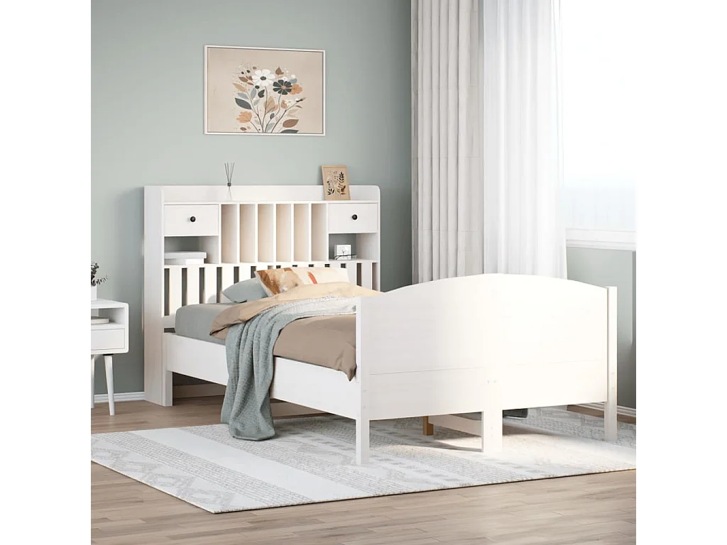 Lit bibliothèque sans matelas blanc 135x190 cm bois pin massif