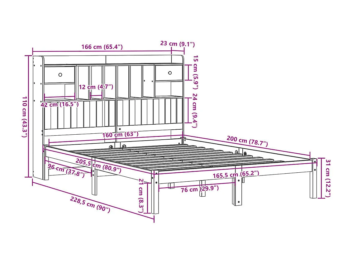 Bed met boekenkast zonder matras massief grenenhout 160x200 cm