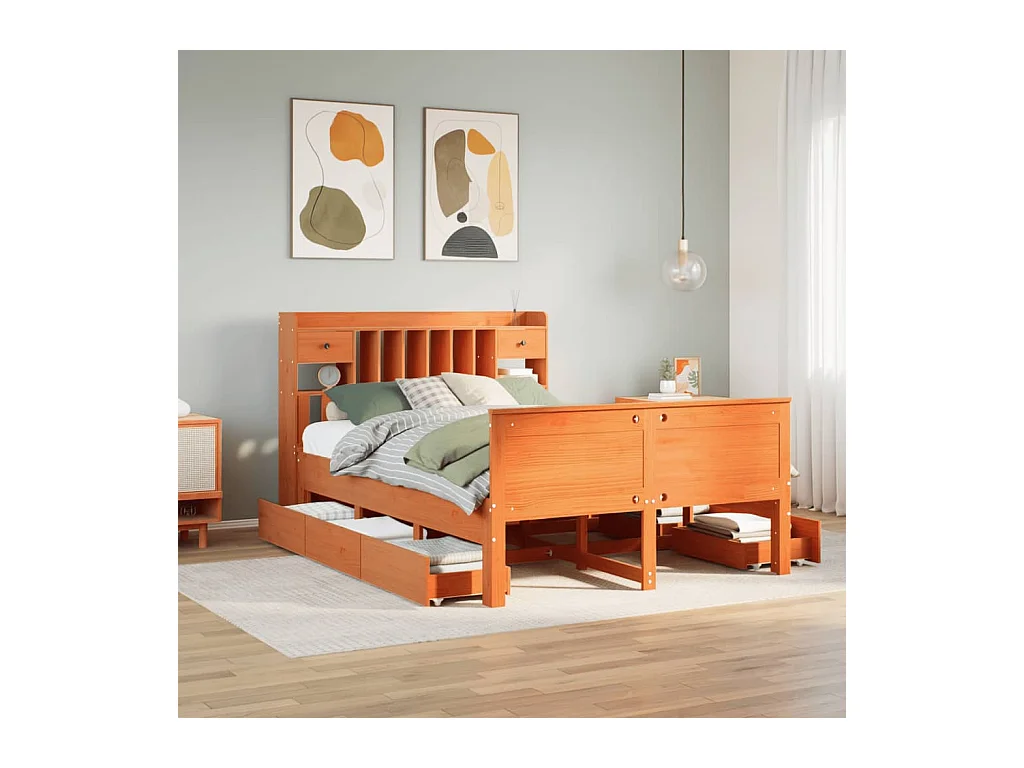 Lit bibliothèque sans matelas cire marron 140x200 cm pin massif