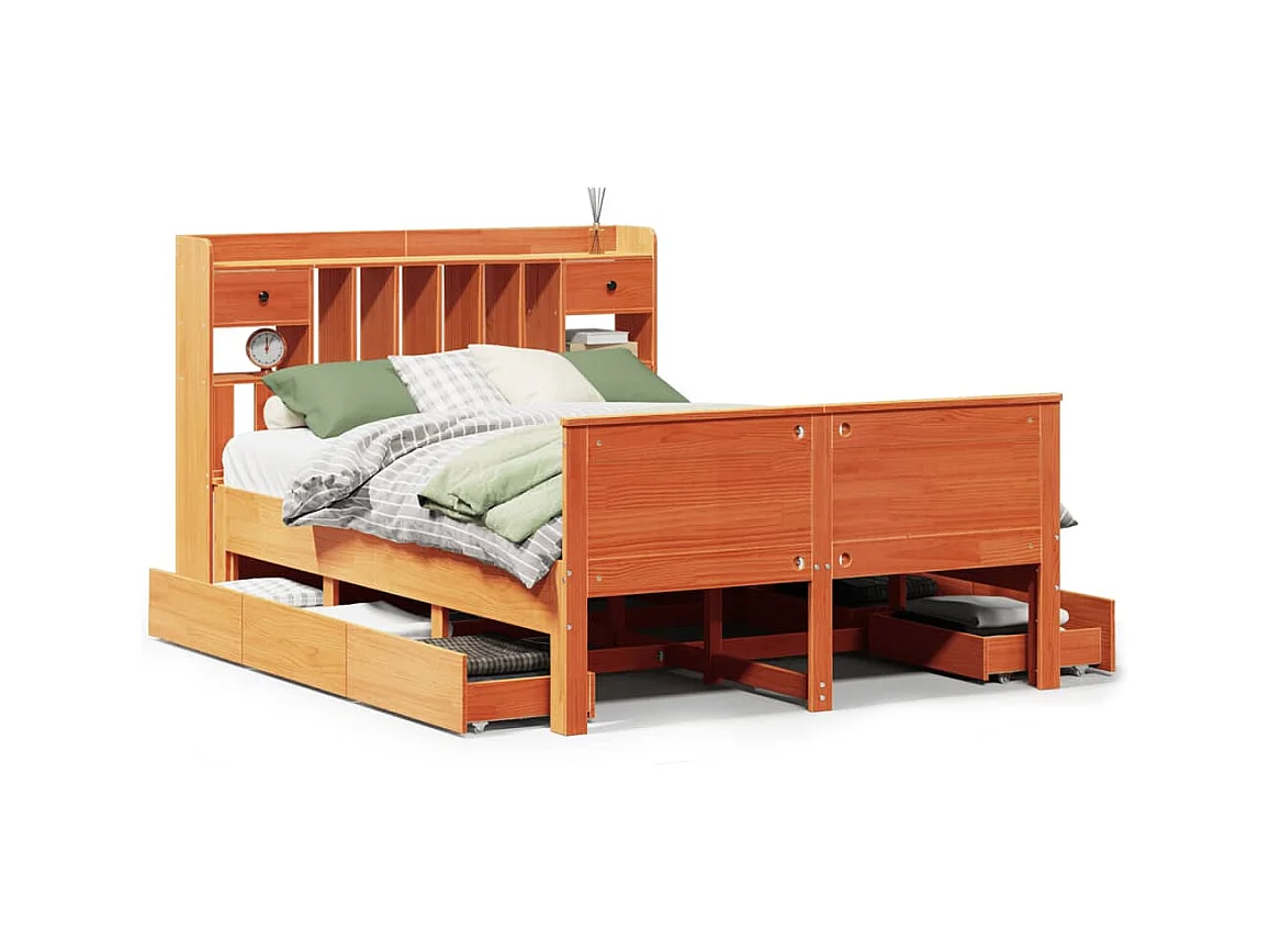 Lit bibliothèque sans matelas cire marron 140x200 cm pin massif