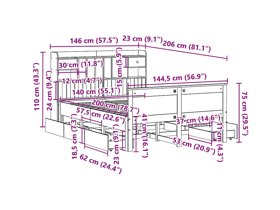 Lit bibliothèque sans matelas cire marron 140x200 cm pin massif