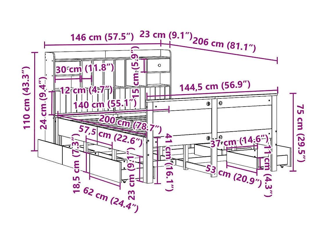 Cama con estantería sin colchón madera maciza marrón 140x200 cm