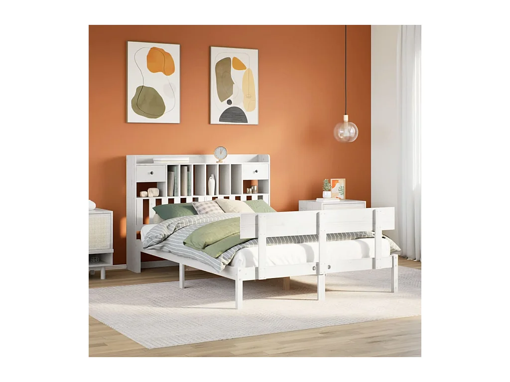 Lit bibliothèque sans matelas blanc 160x200 cm bois pin massif