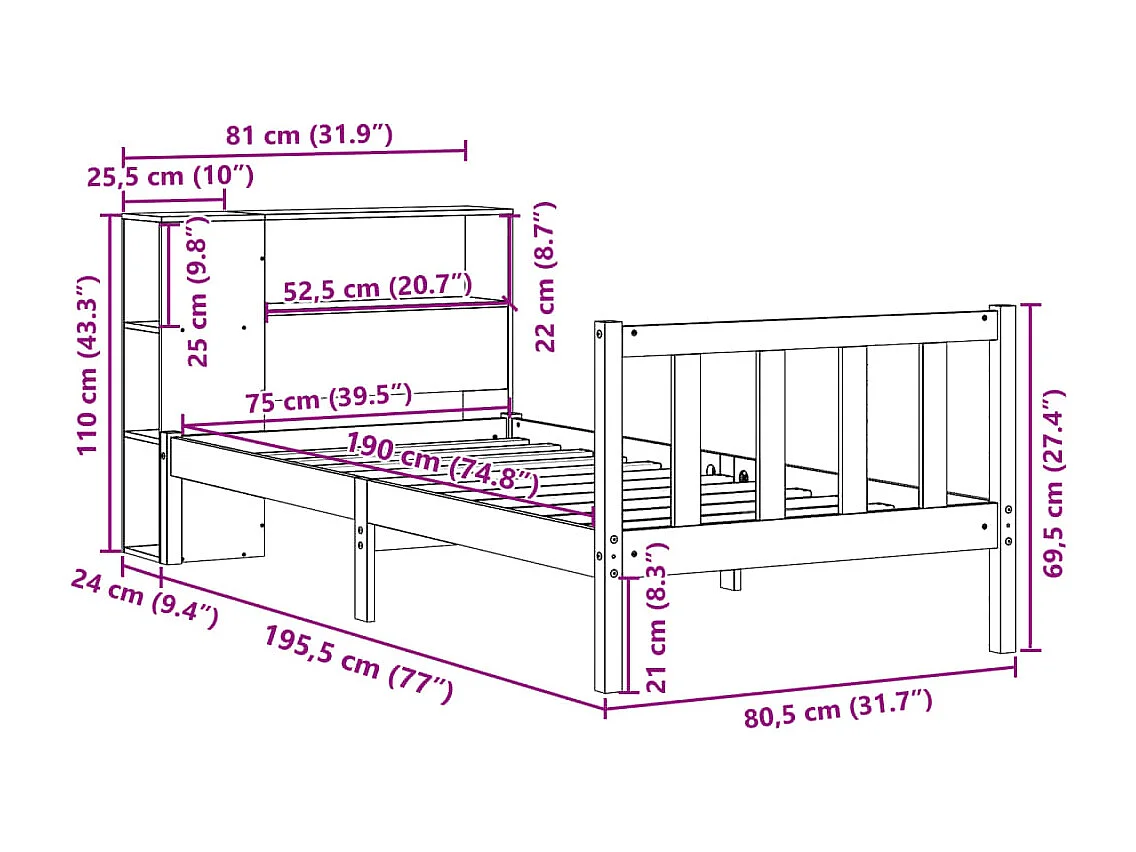 Lit bibliothèque sans matelas 75x190 cm bois de pin massif