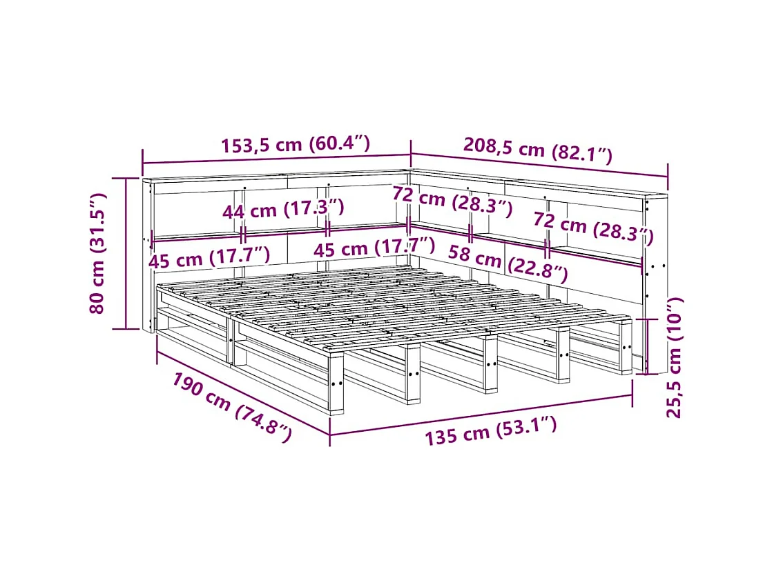 Massivholzbett mit Regal ohne Matratze Wachsbraun 135x190 cm