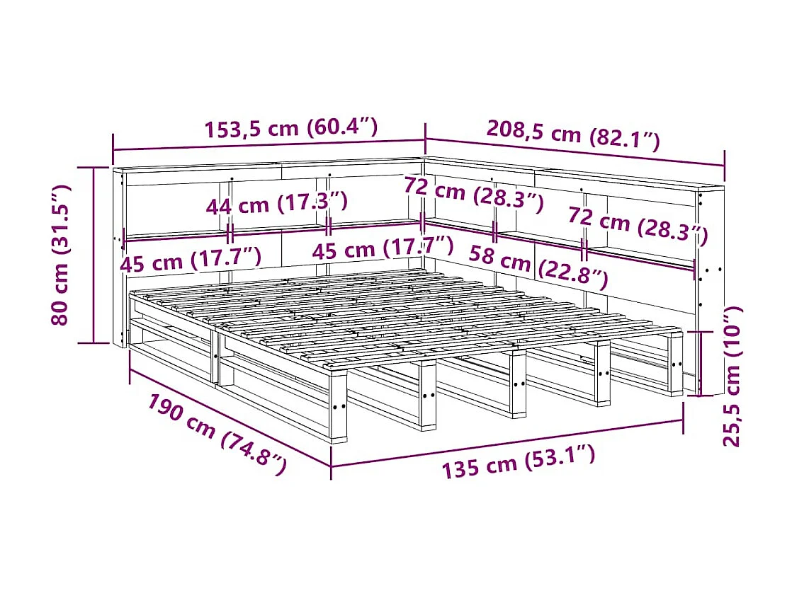 Bed met boekenkast zonder matras grenenhout wasbruin 135x190 cm