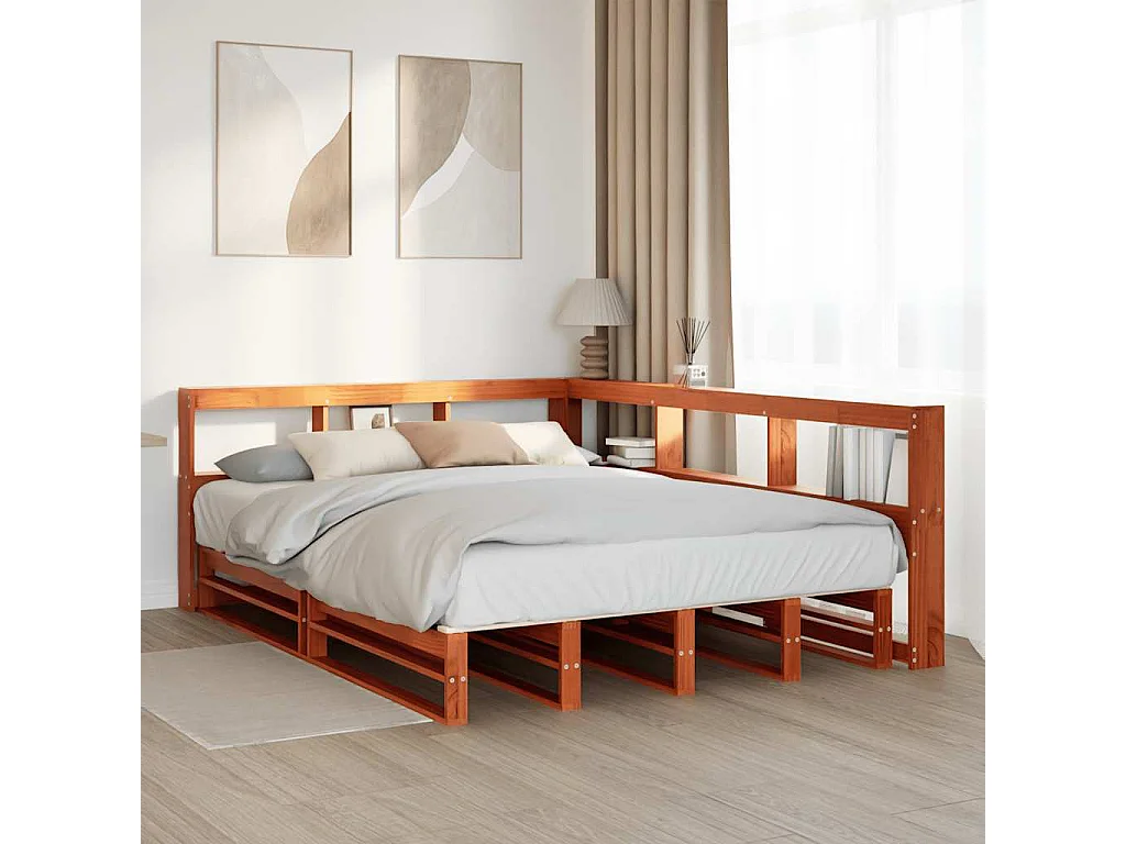 Bed met boekenkast zonder matras grenenhout wasbruin 135x190 cm