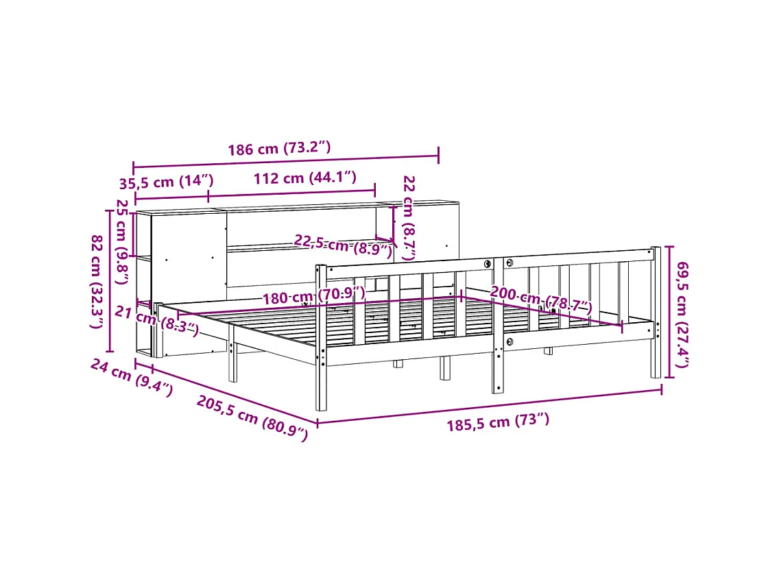Massivholzbett mit Regal ohne Matratze 180x200 cm Kiefernholz