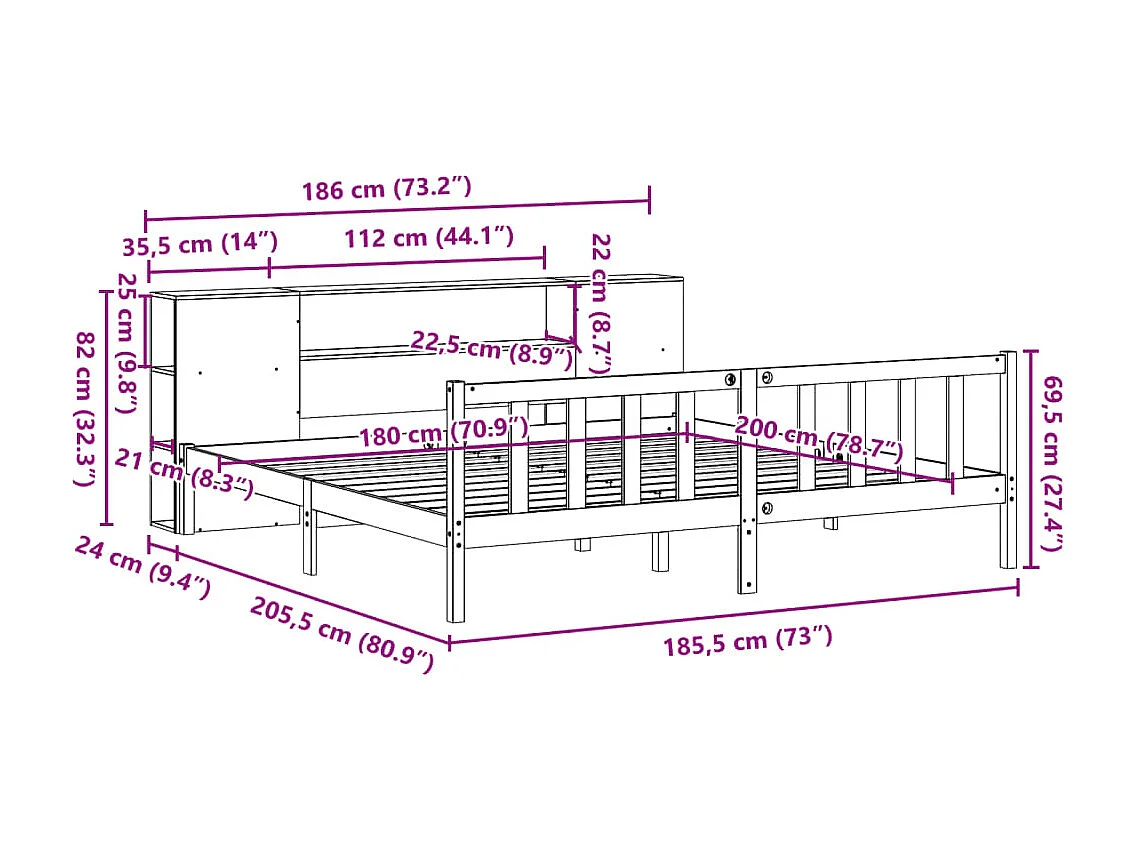 Massivholzbett mit Regal ohne Matratze 180x200 cm Kiefernholz