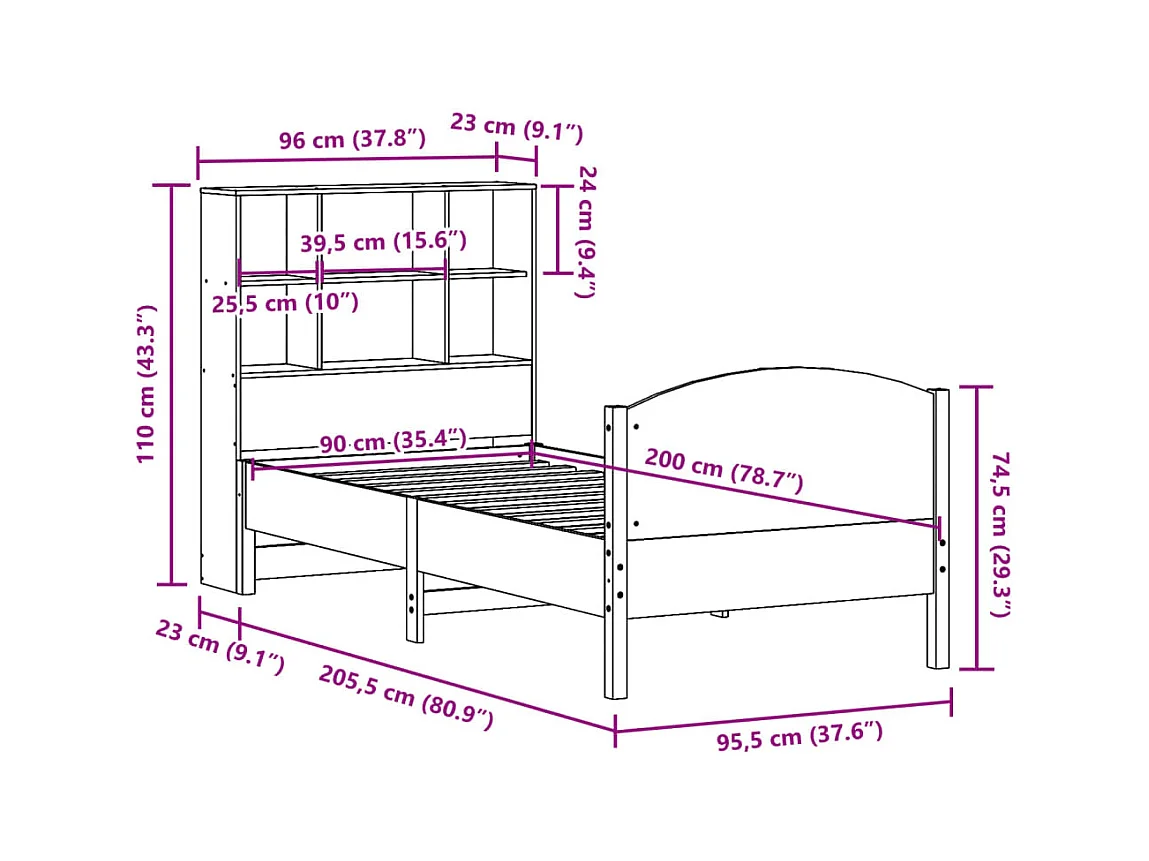 Lit bibliothèque sans matelas blanc 90x200cm bois de pin massif
