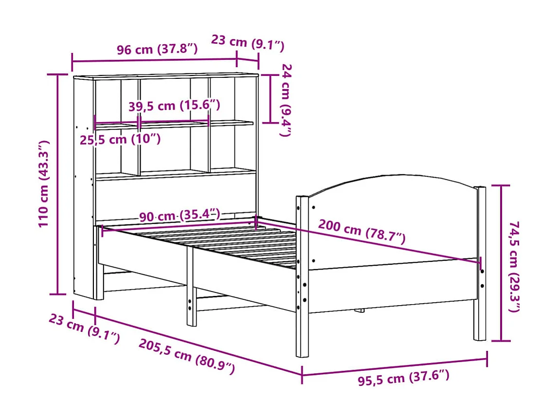 Letto Libreria senza Materasso Bianca 90x200 cm Legno di Pino