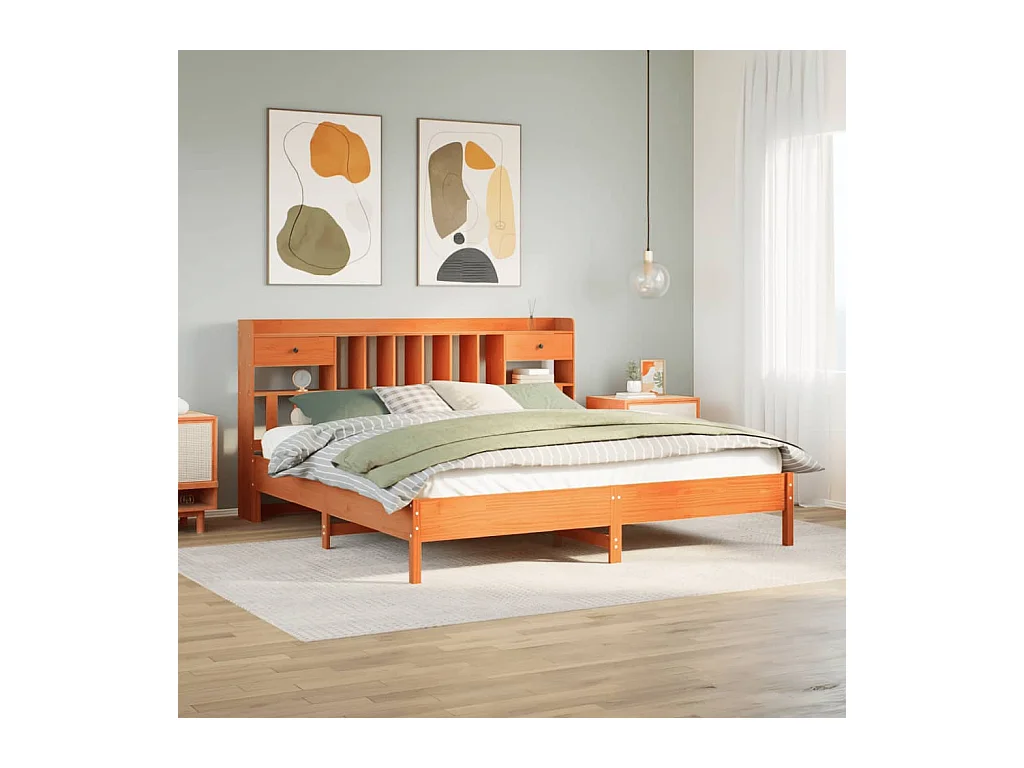 Lit bibliothèque sans matelas cire marron 200x200 cm pin massif