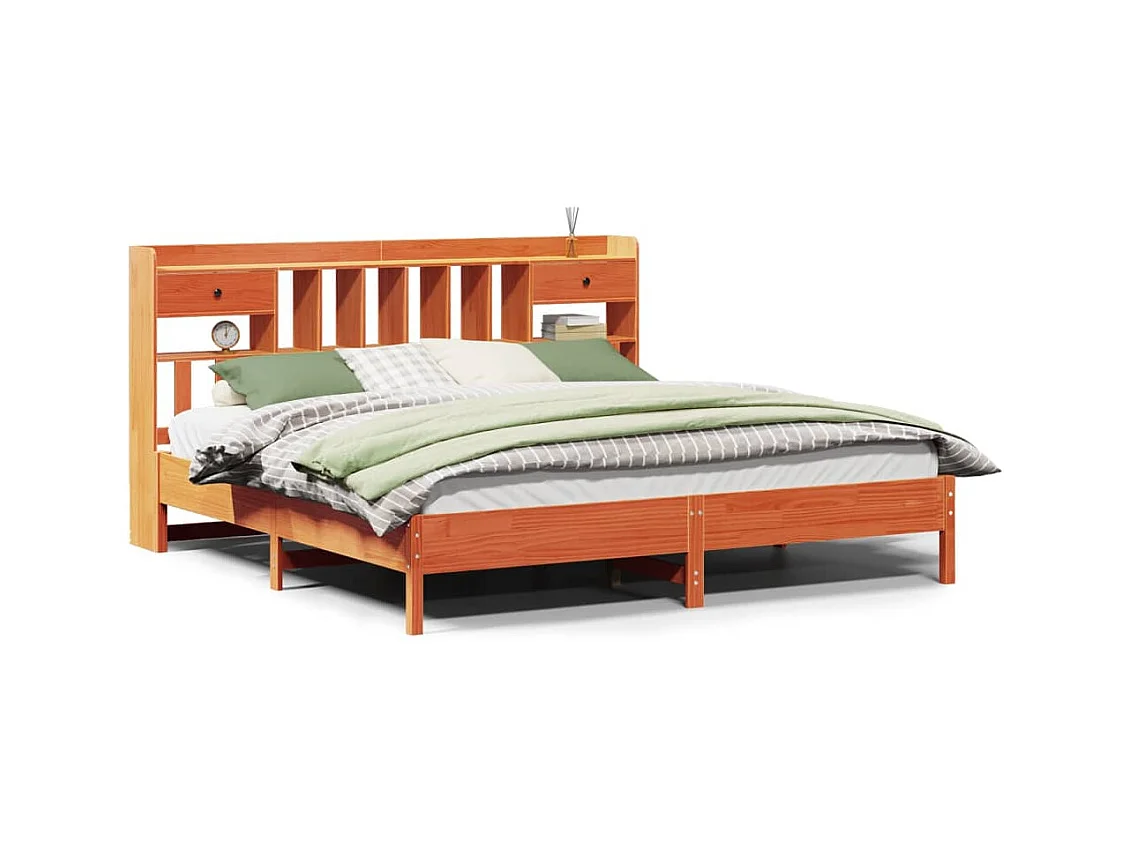 Lit bibliothèque sans matelas cire marron 200x200 cm pin massif