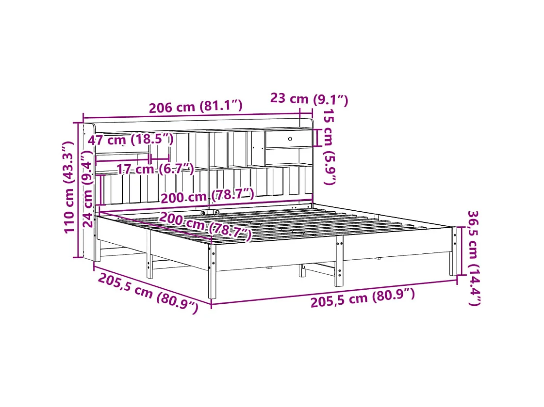 Lit bibliothèque sans matelas cire marron 200x200 cm pin massif