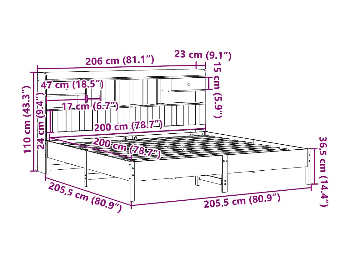 Letto Libreria senza Materasso Marrone Cera 200x200 cm in Pino