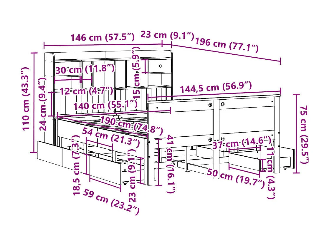 Bed met boekenkast zonder matras massief grenenhout 140x190 cm
