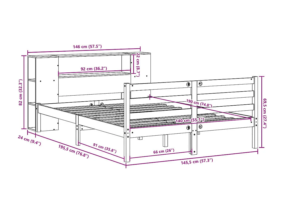 Letto Libreria senza Materasso 140x190 cm in Legno di Pino