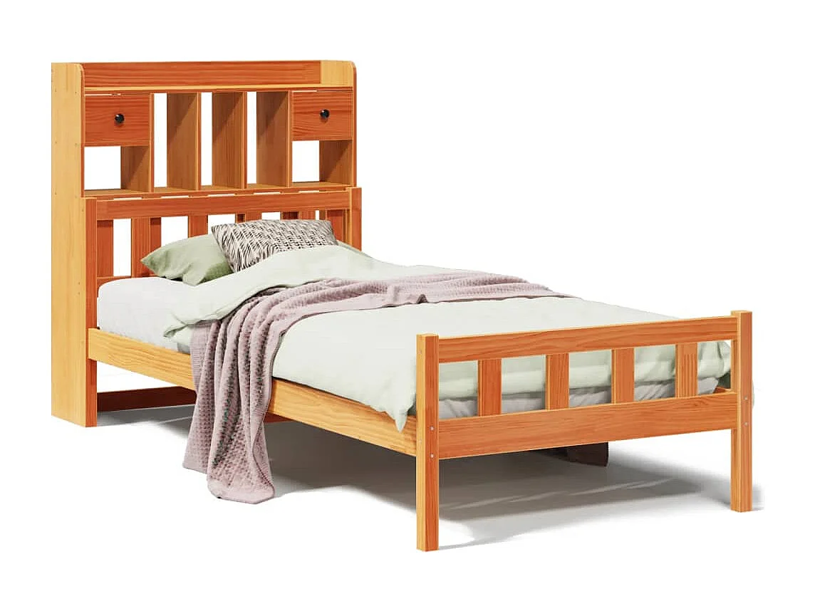 Cama com estante sem colchão 75x190cm pinho maciço castanho-mel