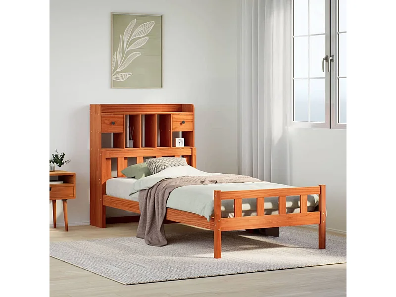 Cama com estante sem colchão 75x190cm pinho maciço castanho-mel