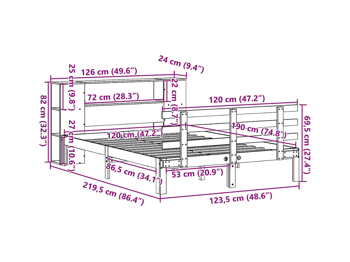 Bed met boekenkast zonder matras grenenhout wasbruin 120x190 cm