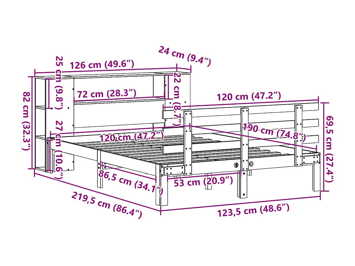 Cama c/ estante sem colchão 120x190cm pinho maciço castanho-mel