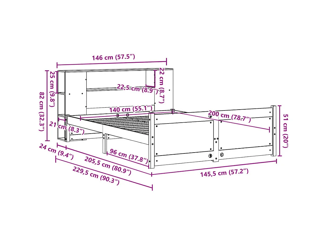 Lit bibliothèque sans matelas blanc 140x200 cm bois pin massif