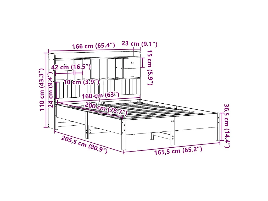 Massivholzbett mit Regal ohne Matratze Wachsbraun 160x200 cm