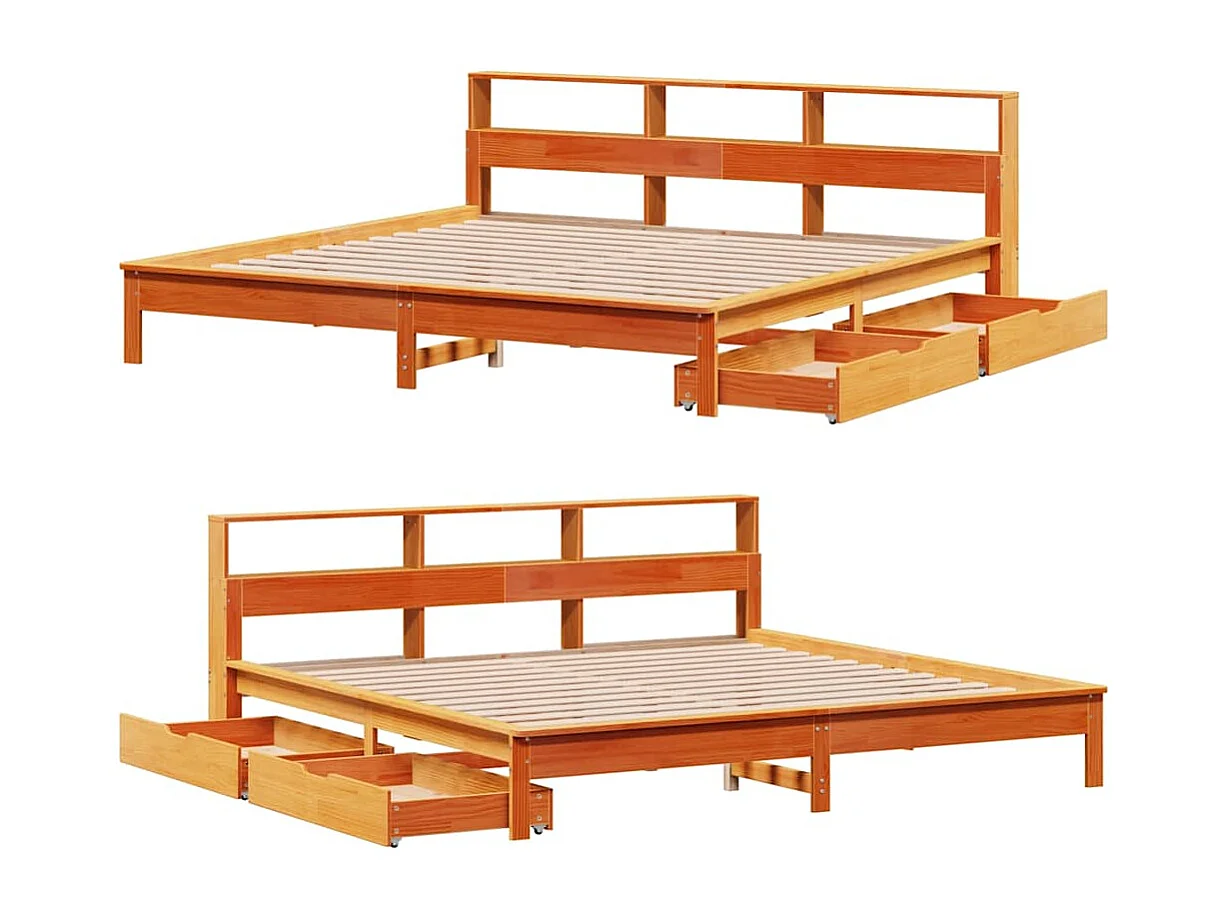 Bed met boekenkast zonder matras grenenhout wasbruin 200x200 cm