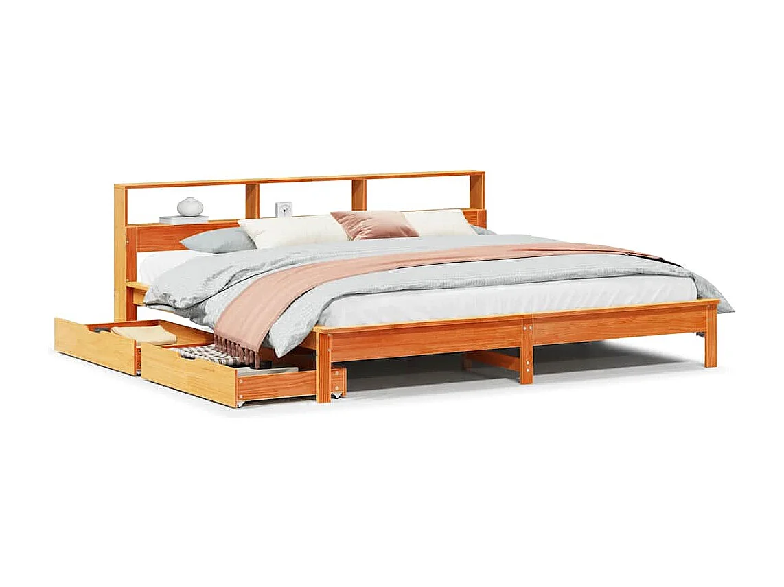 Lit bibliothèque sans matelas cire marron 200x200 cm pin massif