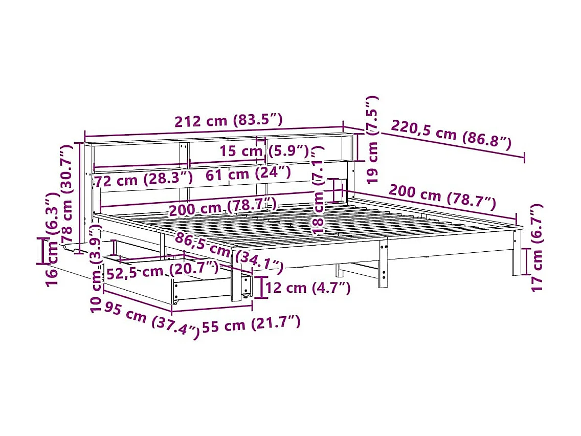 Lit bibliothèque sans matelas cire marron 200x200 cm pin massif