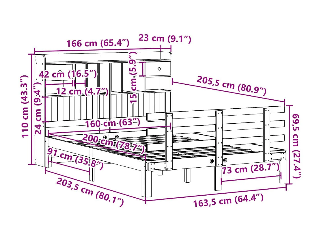 Lit bibliothèque sans matelas 160x200 cm bois massif de pin