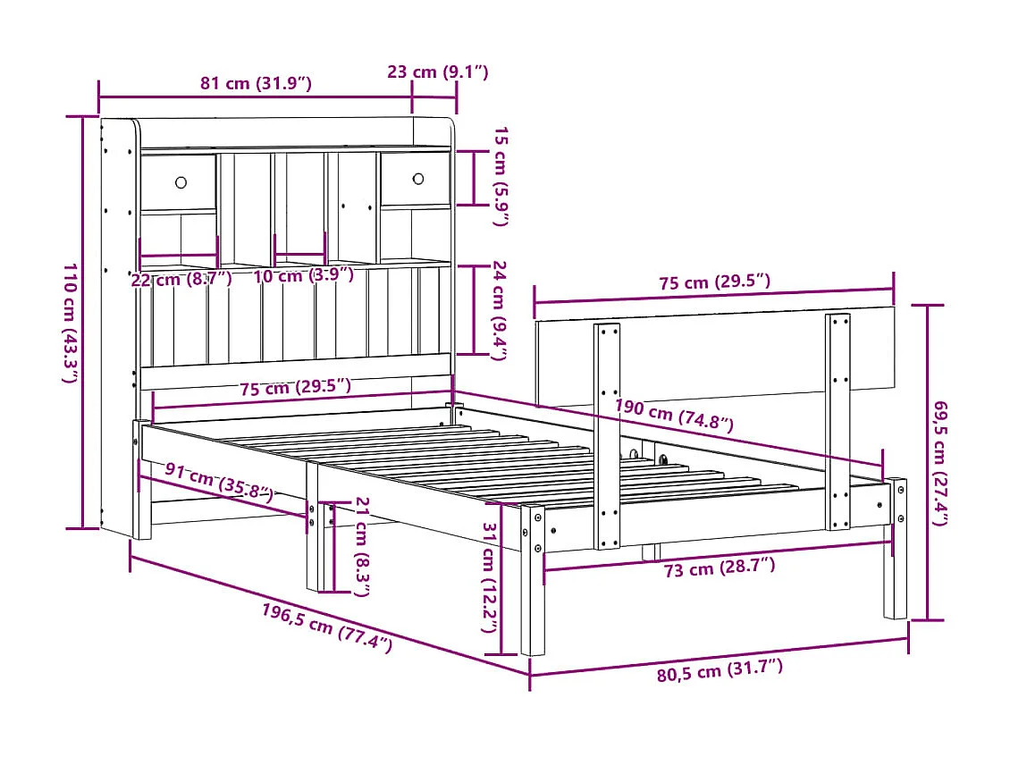 Bed met boekenkast zonder matras grenenhout wit 75x190 cm