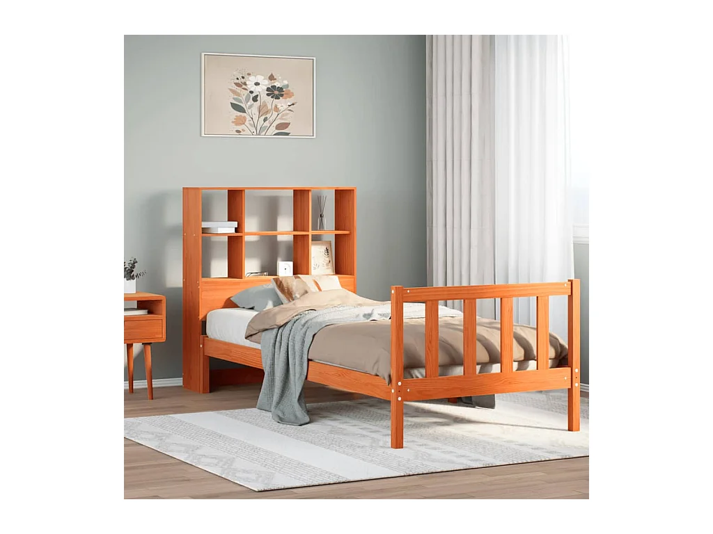 Massivholzbett mit Regal ohne Matratze Wachsbraun 90x190 cm