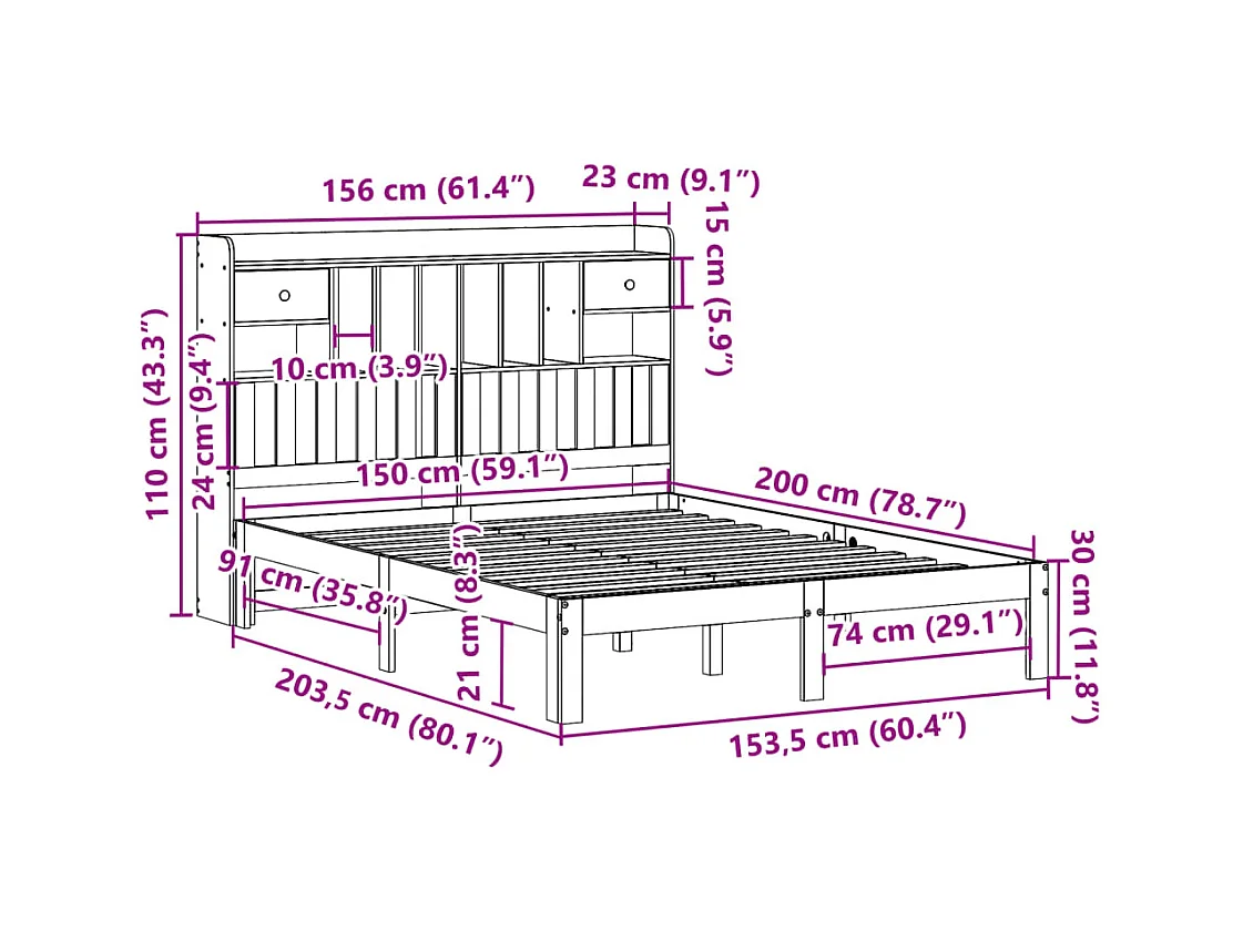 Lit bibliothèque sans matelas 150x200 cm bois massif de pin