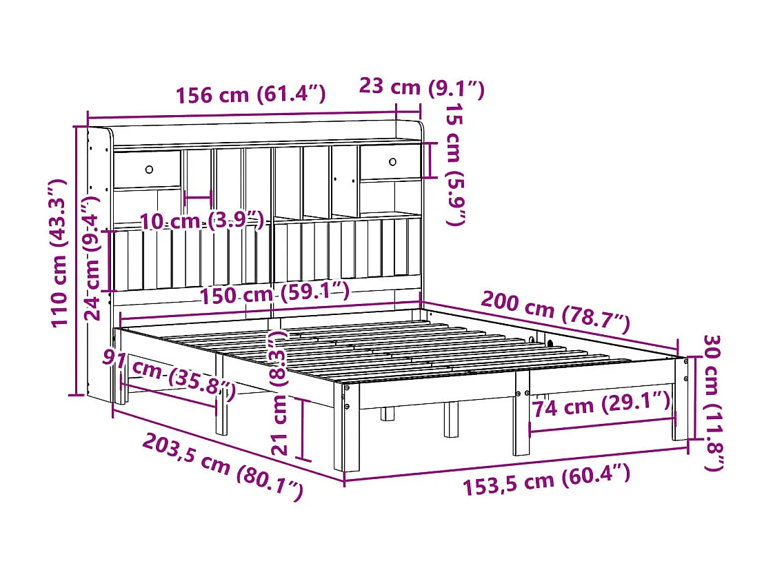 Letto Libreria senza Materasso 150x200 cm in Legno di Pino