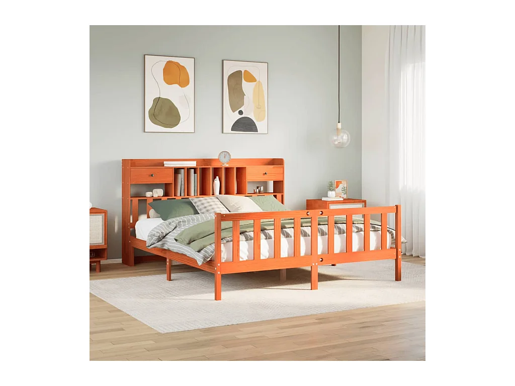 Lit bibliothèque sans matelas cire marron 200x200 cm pin massif
