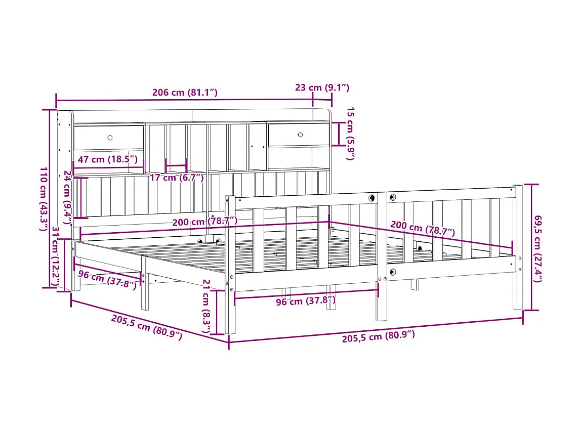 Cama com estante sem colchão 200x200 cm pinho maciço